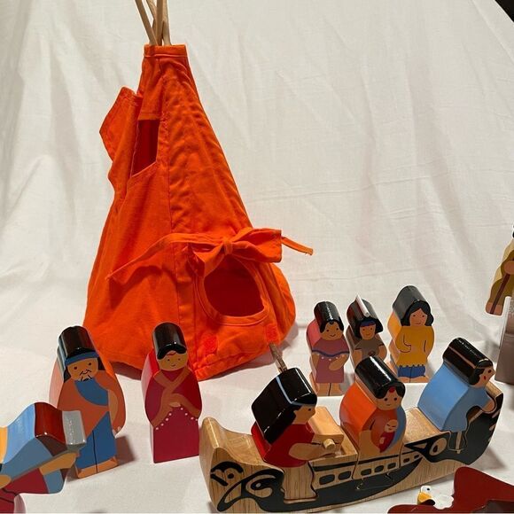 Hand painted indigenous American scene with Animals canoe teepee Buffalo eagle - Picture 9 of 16